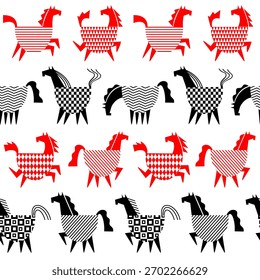 Seamless pattern of geometric horse shapes. Vector hand-drawn minimalistic illustration in retro style.