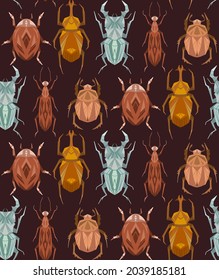 Seamless pattern with geometric insects in row on brown background. Vector texture with geometric stag beetle, flying ant, ladybug in retro beige colors. Stylish wallpaper with flat hand drawn bugs