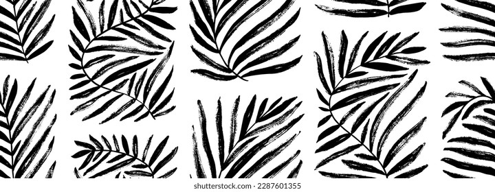 Seamless pattern with geometric leaves in Matisse inspired style. Abstract contemporary vector palm branches. Ornament with black organic plant shapes. Hand drawn palm leaf in rectangle shapes.