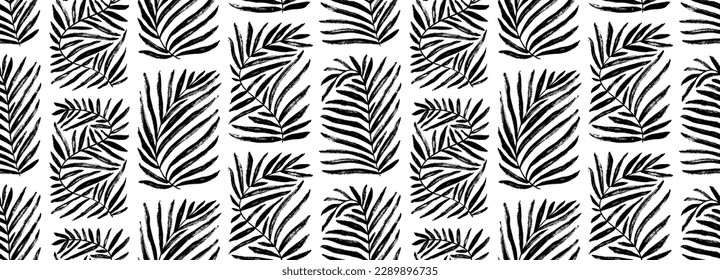 Seamless pattern with geometric leaves in Matisse inspired style. Abstract contemporary vector palm branches. Ornament with black organic plant shapes. Hand drawn palm leaf in rectangle shapes.