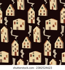 Seamless pattern with geometric light houses and smoke. It can be used for fabric, wrapping paper, scrapbooking, textiles, posters, banners and other decoration. Houses on a dark background