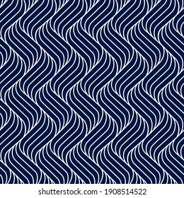 Seamless pattern geometric line. Blue background wavy stripe. Modern waves texture. Repeated swirl. Intricate pipple curly twist. Repeating monochrome lines. Abstract patterns. Design prints. Vector 