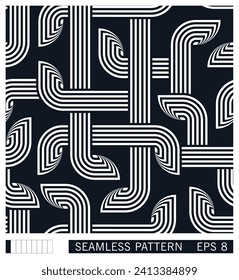 Seamless pattern with geometric linear figures. Layered tangled composition. Aesthetic, brutalism, Bauhaus design. Vector texture 