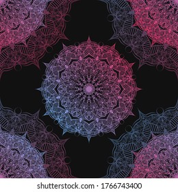 Nahtlose Muster geometrischer Mandala mit dunklem Hintergrund