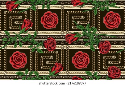 Seamless pattern with geometric meander borders, gold chains, beads, red roses. Decorative classic background with ancient greek border ornament.