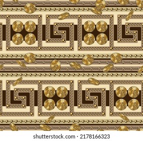 Seamless pattern with geometric meander borders, gold coins, chains, beads, horizontal stripes. Decorative classic background with ancient greek border ornament.