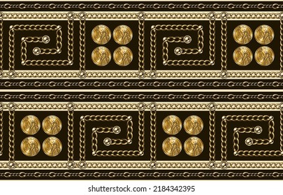 Seamless pattern with geometric meander borders, gold coins, chains, beads. Decorative classic background with ancient greek border ornament.