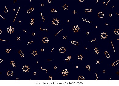 Seamless pattern. Geometric memphis pattern for Happy New Year and Merry Christmas. Trendy seamless pattern, black background. Christmas wallpaper, wrapping paper, background. Vector Illustration