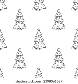 Nahtloses Muster mit geometrischem Minimalskandinavischem Weihnachtsbaumdoodle für dekorativen Druck, Wickelpapier, Grußkarten und Stoff