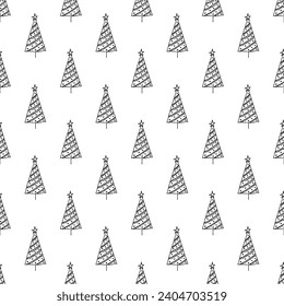 Nahtloses Muster mit geometrischem Minimalskandinavischem Weihnachtsbaumdoodle für dekorativen Druck, Wickelpapier, Grußkarten und Stoff