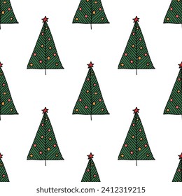 Seamless pattern with geometric minimal scandinavian Christmas tree doodle for decorative print, wrapping paper, greeting cards and fabric