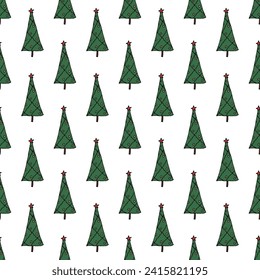 Nahtloses Muster mit geometrischem Minimalskandinavischem Weihnachtsbaumdoodle für dekorativen Druck, Wickelpapier, Grußkarten und Stoff
