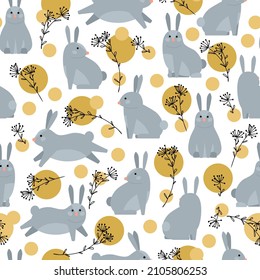 Seamless pattern with geometric minimalistic bunnies, line art flowers and colored circles. Vector cartoon bird