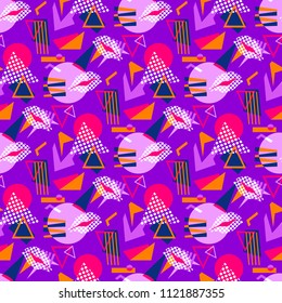 Seamless pattern geometric motifs and 80s 90s style lips
