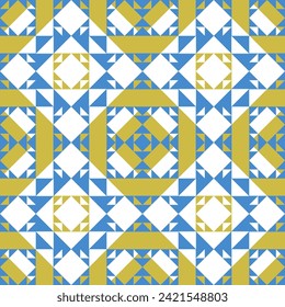 Seamless pattern with geometric motifs in blue and yellow colors for Wallpaper, Textile, and Illustration
