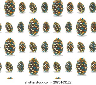 Seamless pattern of geometric multicolored cones in applique style on a white background. Flat illustration. Children's craft for the holiday.The elements of the pattern are evenly spaced in even rows
