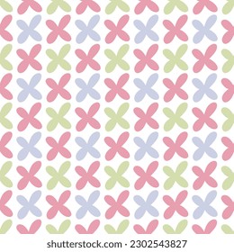Seamless pattern with geometric multicolored doodles - multicolored flowers on a white background. Modern background in a flat style. For printing on fabric, wallpaper, paper, curtains.
