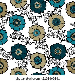 Seamless pattern with geometric multicolored flowers, stars, heart icons, on white background. Motifs scattered random. Seamless vector texture. 