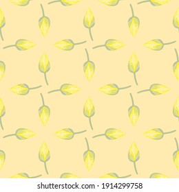 Seamless pattern in geometric nature style with lotus bud shapes. Yellow flowers ornament. Light orange background. Stock illustration. Vector design for textile, fabric, giftwrap, wallpapers.