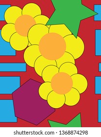 Seamless pattern. Geometric objects and flowers. Colorfull design. Vector illustration.