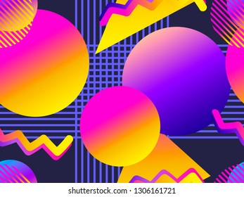 Seamless pattern with geometric objects in the memphis style of the 80s. Gradient shapes. Synthwave retro background. Retrowave. Vector illustration