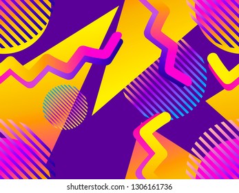 Seamless pattern with geometric objects in the memphis style of the 80s. Gradient shapes. Synthwave retro background. Retrowave. Vector illustration