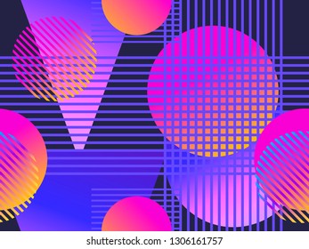 Seamless pattern with geometric objects in the memphis style of the 80s. Gradient shapes. Synthwave retro background. Retrowave. Vector illustration