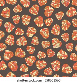 Seamless pattern with geometric orange hearts. Valentine's Day background. Low-poly polygonal. Holiday template. Abstract texture made of triangles. For wallpaper, web page, surface textures.