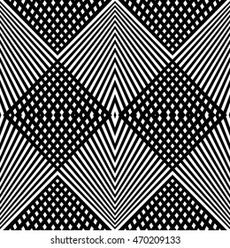 Seamless pattern with geometric ornament. Black and white color diagonal scrappy checkered background. Vector illustration