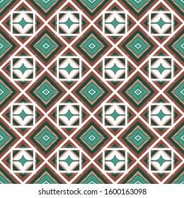 Seamless pattern with geometric ornament, consisting of a variety of stylized squares. The palette is white, green, pink. Vector illustration