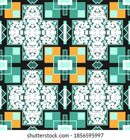 Patrón sin foco con ornamento geométrico. Cruces, rombos, cuadrados. Negro, blanco, verde. Ilustración del vector