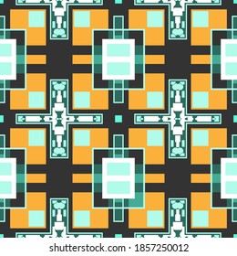 Seamless pattern with geometric ornament. Crosses, squares. Black, white, green. Vector illustration