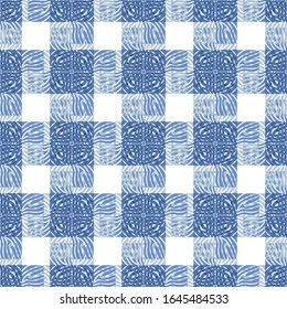 Seamless pattern. Geometric ornament. Design for paper, textile, fabric, ceramics, tiles. In trendy colors of 2020 . Classic blue on a white background. Vector graphics.