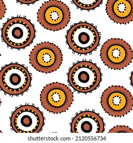 Seamless pattern with geometric ornament. Ethnic tribal rounded color background. Afican, australian motiph. Dots painting. Vector illustration, template design for cloth, card, fabric.