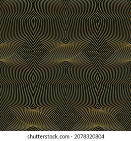Seamless pattern with geometric ornament from gold lines. Elegant gold pattern on a black background. Abstract pattern for various coatings. Vintage design. Vector.