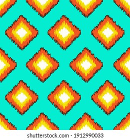 Seamless pattern with geometric ornament in Ikat style. Orange, yellow elements on blue background. Good print for wrapping paper, packaging design, wallpaper, ceramic tiles, and textile
