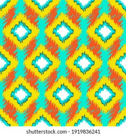 Patrón sin foco con ornamento geométrico al estilo Ikat. Naranja, elementos amarillos sobre fondo azul. Buena impresión para papel de embalaje, diseño de embalajes, papel pintado, azulejos de cerámica y textiles