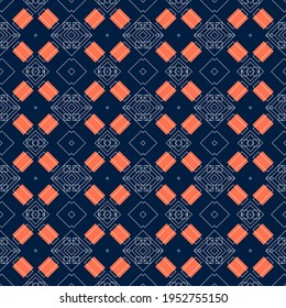 
Seamless pattern with geometric ornament. Pink elements on a blue background. Vector illustration