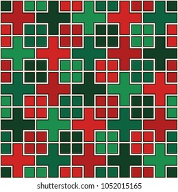 Seamless pattern with geometric ornament. Repeated squares and crosses abstract background. Modern style stained glass mosaic surface texture. Digital paper, textile print, page fill. Vector art