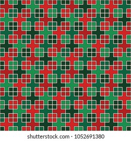 Seamless pattern with geometric ornament. Repeated squares and crosses abstract background. Modern style stained glass mosaic surface texture. Digital paper, textile print, page fill. Vector art