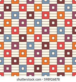 Seamless pattern with geometric ornament. Repeated bright square and stripes abstract background. Vivid colors surface texture. Digital paper, textile print, page fill. Vector art