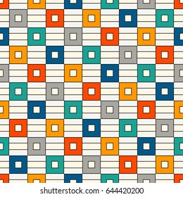 Seamless pattern with geometric ornament. Repeated bright square and stripes abstract background. Vivid colors surface texture. Digital paper, textile print, page fill. Vector art