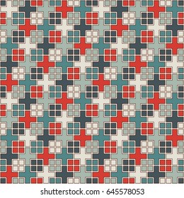 Seamless pattern with geometric ornament. Repeated squares and crosses abstract background. Modern style surface texture. Digital paper, textile print, page fill. Vector art