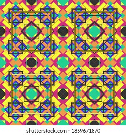 Seamless pattern with geometric ornament. Rhombuses, squares. Fabulous color palette. Vector illustration