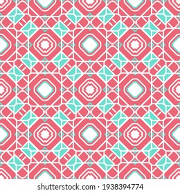 Patrón sin brillo con ornamento geométrico de cuadrados y líneas en colores rosa y azul. Ilustración del vector
