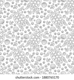 Seamless pattern with geometric outline turtles and seashells, dark contour animals on a white background