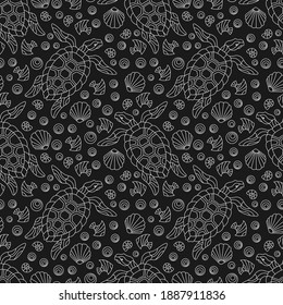 Seamless pattern with geometric outline turtles and seashells, light contour animals on a dark background