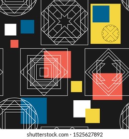Seamless pattern with geometric patterns and blue, red, yellow, white squares on a black background. Vector illustration