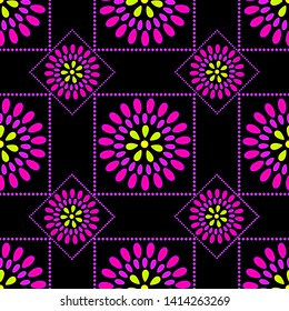 Seamless pattern with geometric pattern of pink circular floral elements and squares on a black background.