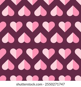 Modelo inconsútil con corazones rosados geométricos en fondo púrpura oscuro. Plantilla para el diseño de vacaciones de San Valentín. Ilustración vectorial